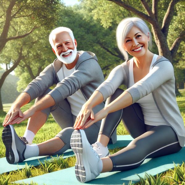 남자와 여자 시니어들이 공원에서 스트레칭을 하고 있는 사진