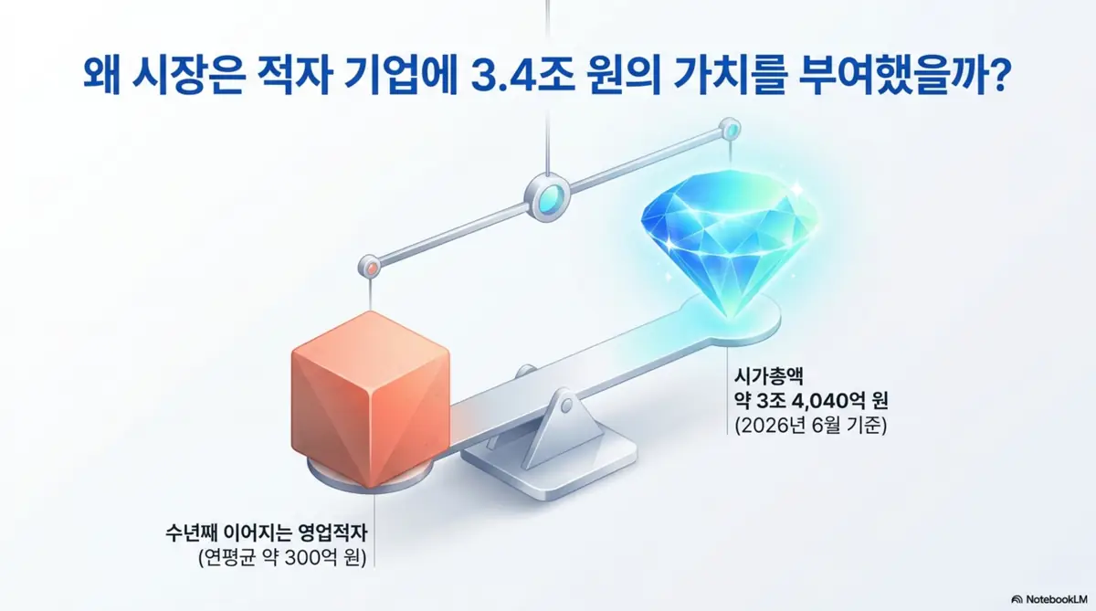 올릭스 주가 전망: 시소 한쪽에 영업적자 상자&amp;#44; 다른 쪽에 빛나는 다이아몬드를 올려 비교한 인포그래픽. 올릭스가 연평균 약 300억 원 영업적자를 내면서도 2026년 6월 기준 시가총액 약 3조 4&amp;#44;040억 원으로 평가받는 역설을 시각적으로 전달하며&amp;#44; 블로그의 올릭스 주가 전망 분석 주제와 관련된 내용을 설명한다. 
