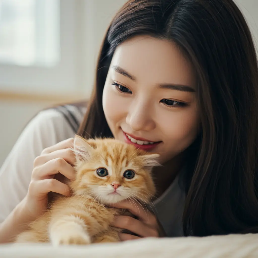 아기고양이보고 행복한 미소를 보이는 여성