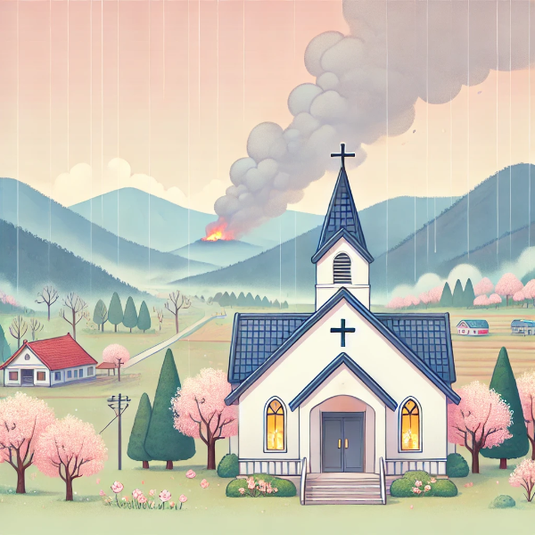 한국의 봄 교회 풍경 속에서 산불 피해와 회복의 기도