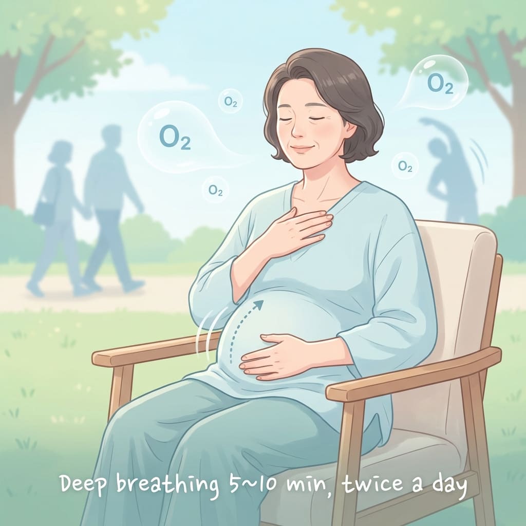 심호흡과 가벼운 운동이 폐 건강에 좋다는 메시지를 주는, 편안한 분위기의 사람 일러스트