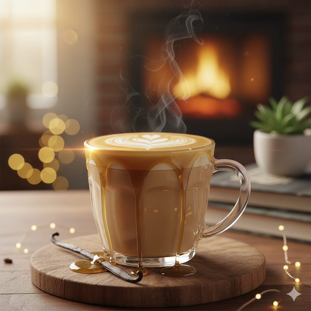바닐라라떼 한 잔이 우유 스티밍과 바닐라 시럽의 조화로 완성된 홈카페 감성 이미지(이미지 생성:google)