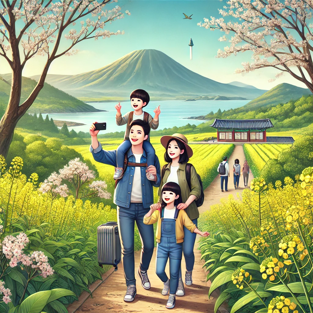 제주도의 아름다운 자연 속에서 가족이 함께 즐기는 여행 모습