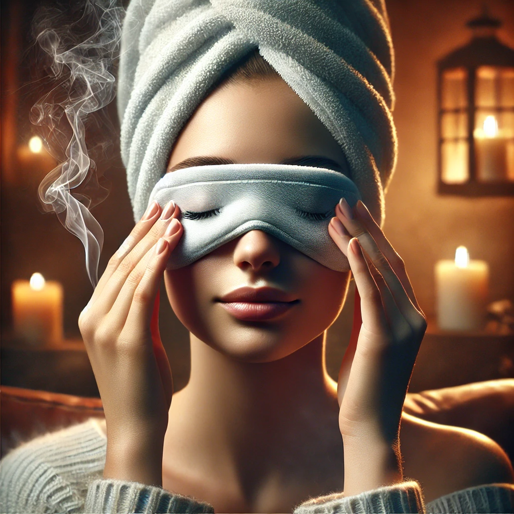 안대를 차고 안구마사지 하는 모습