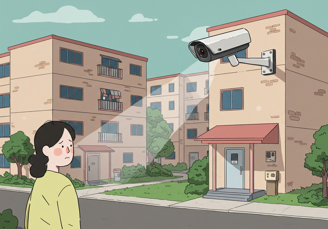 주거 공간을 촬영하는 CCTV와 사생활 침해에 불안해하는 사람