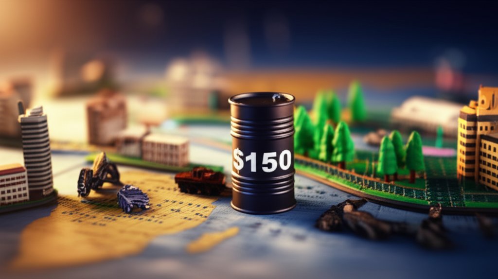 미국-이란 전쟁 장기화로 인한 150달러 유가와 글로벌 경제 변화를 보여주는 미니어처 디오라마 스타일, 틸트시프트 효과 이미지