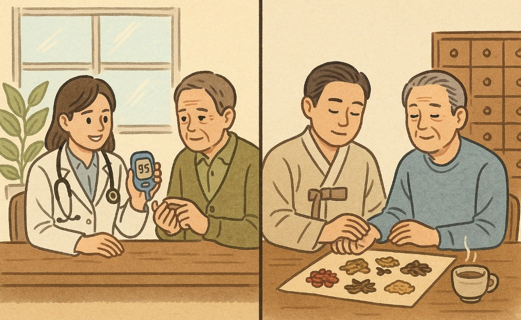 병원 치료와 한방 치료를 나타내는 사진