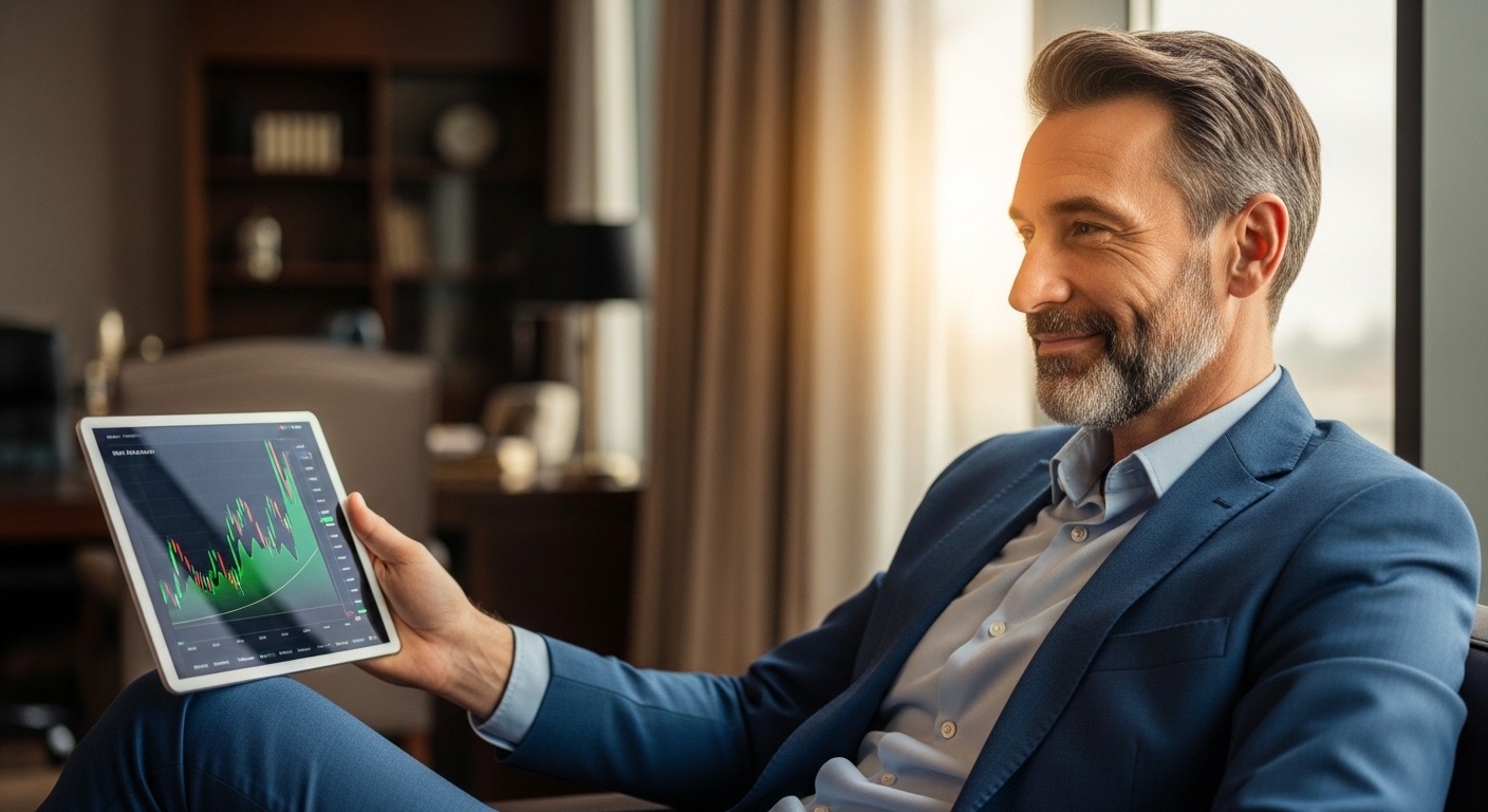 50대 남성이 태블릿으로 연금 포트폴리오를 확인하며 미소 짓는 모습
