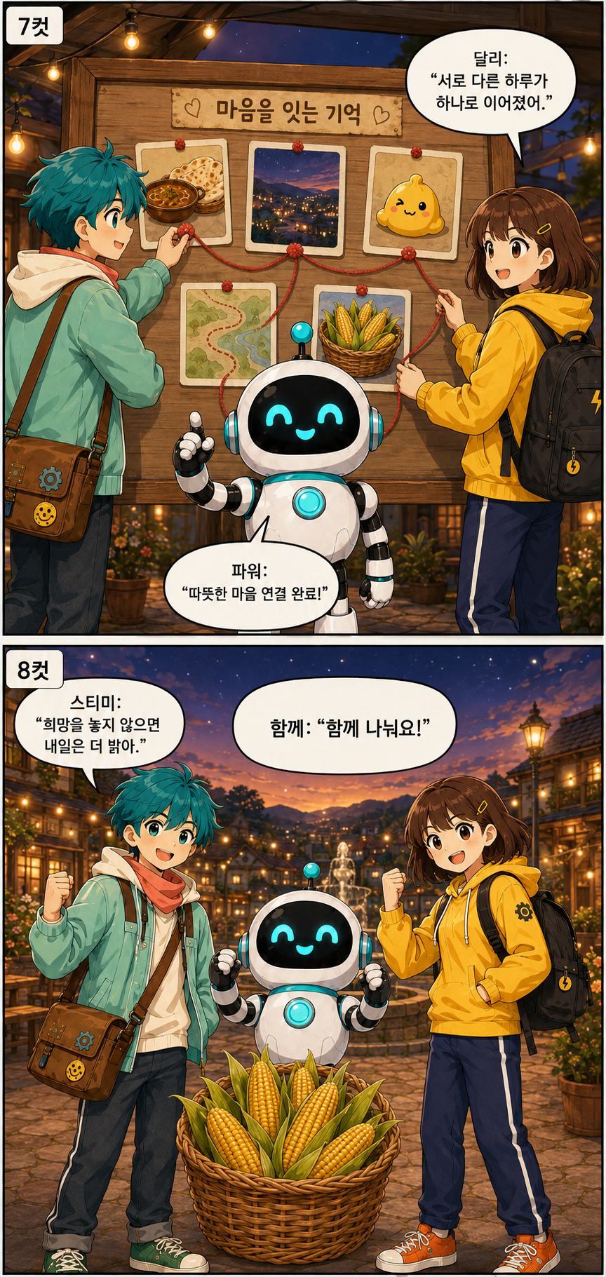 서로 다른 하루의 기억을 한데 연결하고 밤의 스팀마을에서 함께 나눔과 희망을 전하는 세 친구
