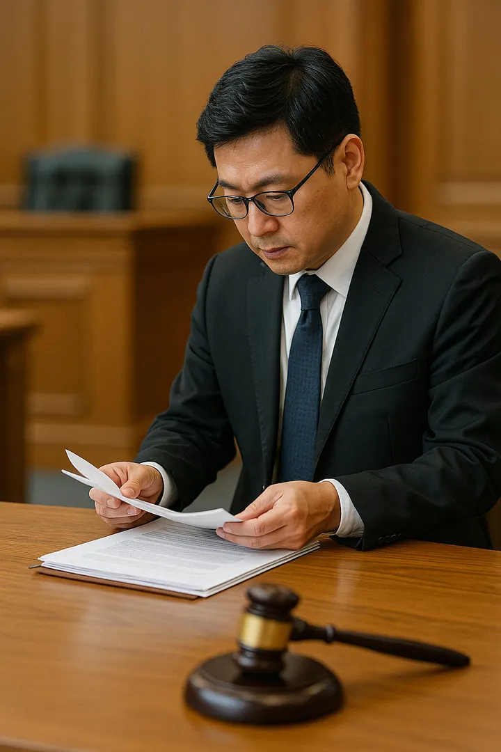 법정에서 서류를 정리 중인 변호사의 모습