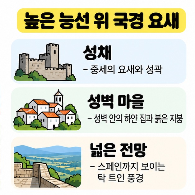 마르바오 성의 망루와 성벽, 주변 산지와 국경 방향 전망을 단순하게 설명한 카드