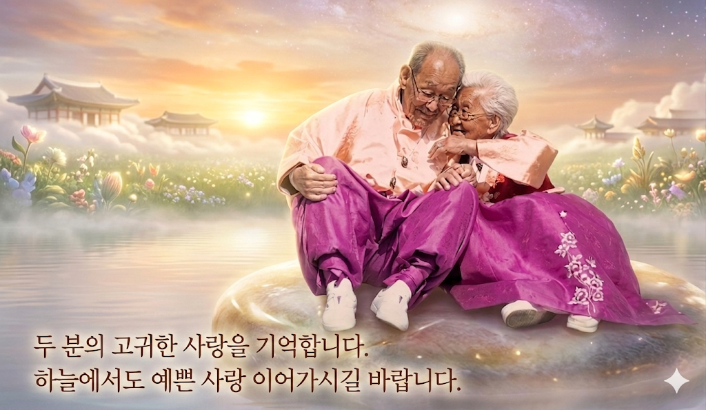 할아버지, 할머니가 저승에서 다시 만나 이쁜 사랑 이어나가시길 바라는 마음으로 만든 AI로 만든 이미지