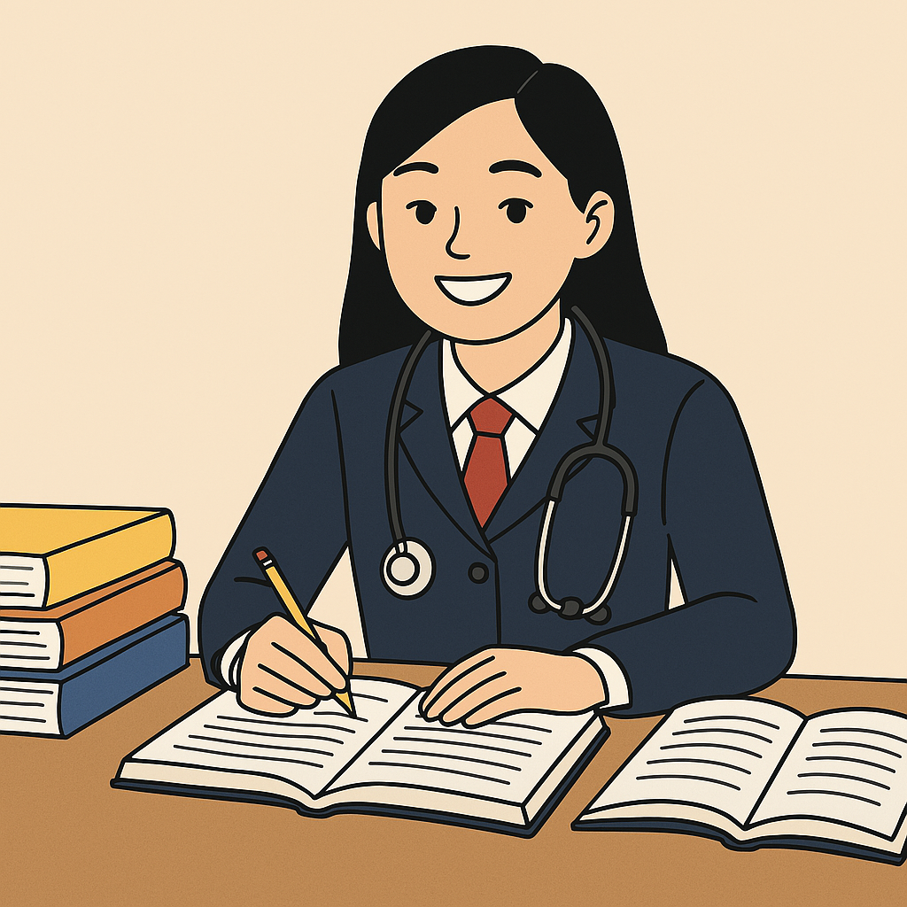 간호학과 수시 준비를 하는 한국 고등학생의 공부 장면 일러스트