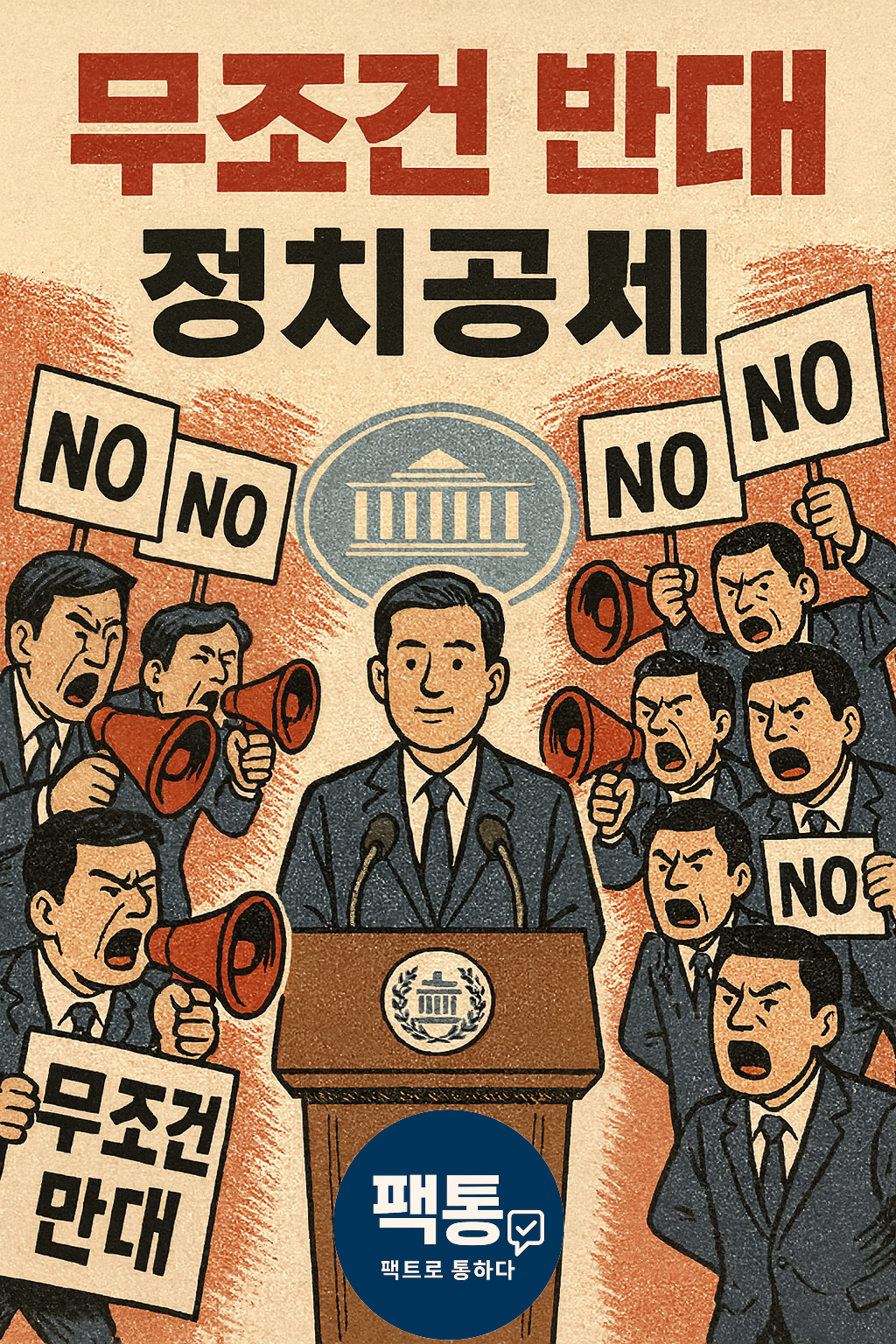 기자회견장에 선 정치인을 둘러싸고 &lsquo;무조건 반대&rsquo;와 &lsquo;NO&rsquo; 피켓, 확성기로 항의하는 군중을 묘사한 정치 풍자 일러스트 &ndash; 팩트 기반 정치 해설 플랫폼 &lsquo;팩통&rsquo; 로고 포함