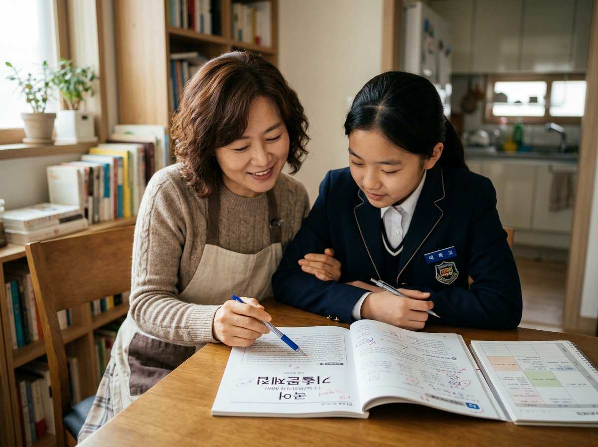 학부모와 학생이 함께 국어 학습을 점검하는 장면