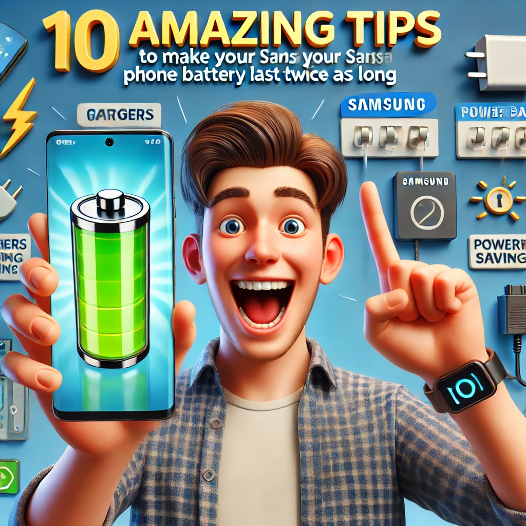 기뻐하는 표정의 사람이 삼성폰을 들고 있으며, 화면에 큰 배터리 아이콘이 표시되어 있다. 배경에는 스마트폰 관련 아이템인 충전기, 보조 배터리 및 에너지 절약 상징이 포함되어 있다. 이 이미지는 삼성폰 배터리를 2배 더 오래 사용할 수 있는 10가지 꿀팁을 유쾌하고 창의적으로 표현하고 있다