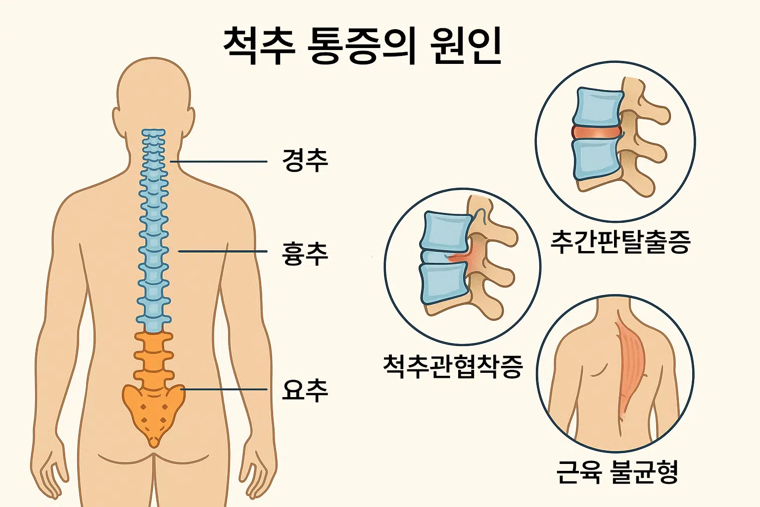 척추의 해부학적 구조와 통증 원인별 구역(경추, 흉추, 요추 등)을 시각적으로 구분한 일러스트. 추간판 탈출증, 척추관 협착증, 근육 불균형