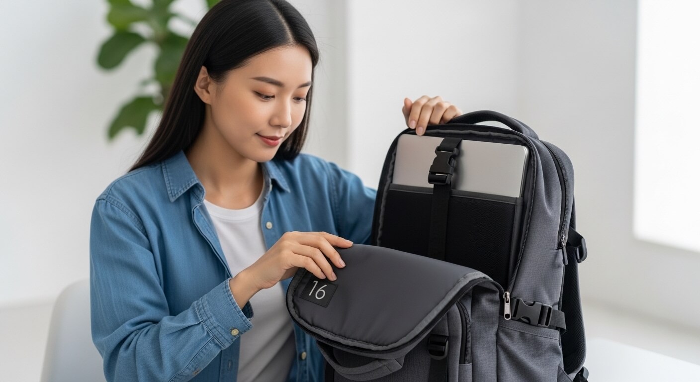 16인치 대형 노트북이 흔들림 없이 수납되는 백팩의 내부 구조와 보호 패딩을 꼼꼼히 확인하는 장면