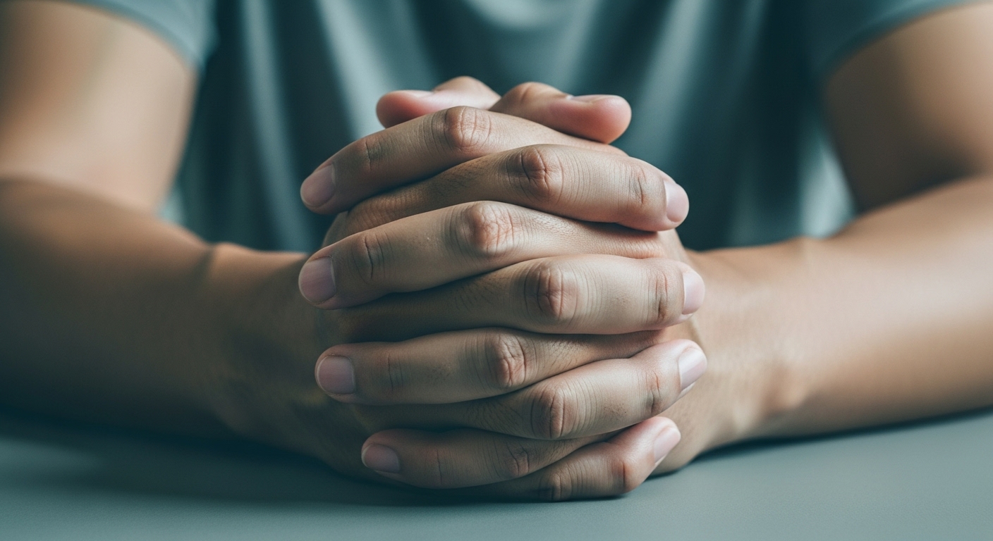 테이블 위에서 불안감에 움켜쥔 손의 클로즈업. 공황장애로 인한 내면의 긴장감을 나타냅니다.