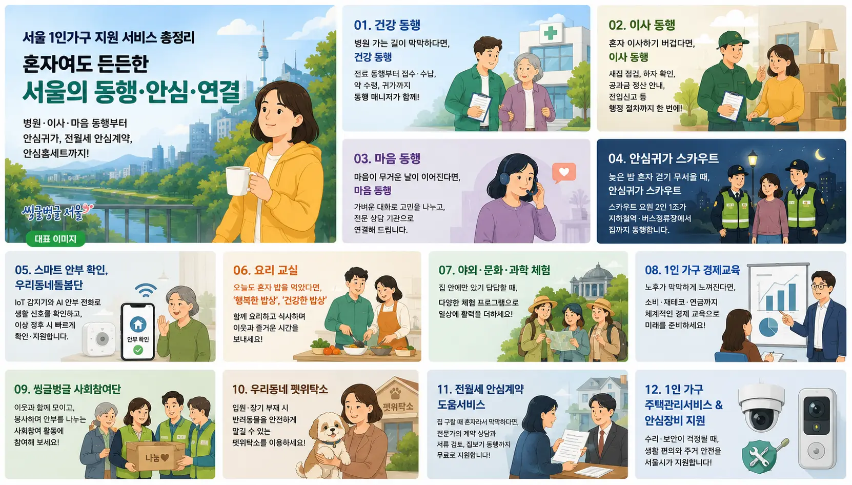 서울 1인가구 지원서비스 한눈에 보기|건강·이사·마음·안심귀가·주거 지원