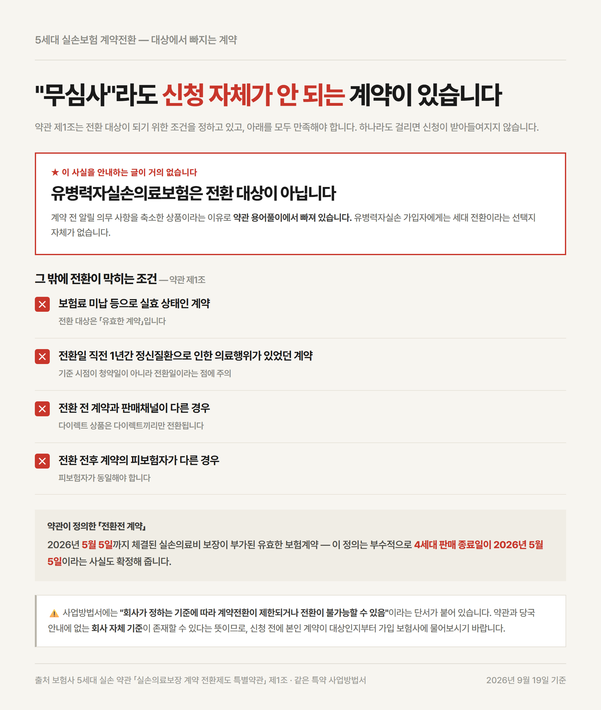 5세대 실손보험 전환 대상에서 제외되는 계약 조건 여섯 가지를 정리한 도표