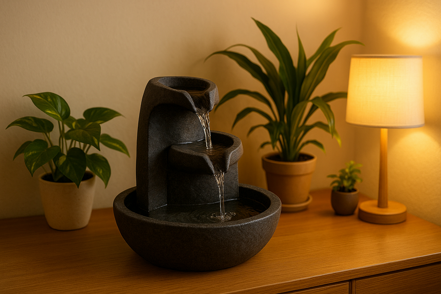 거실 한쪽 작은 분수대에서 맑은 물이 흐르는 모습