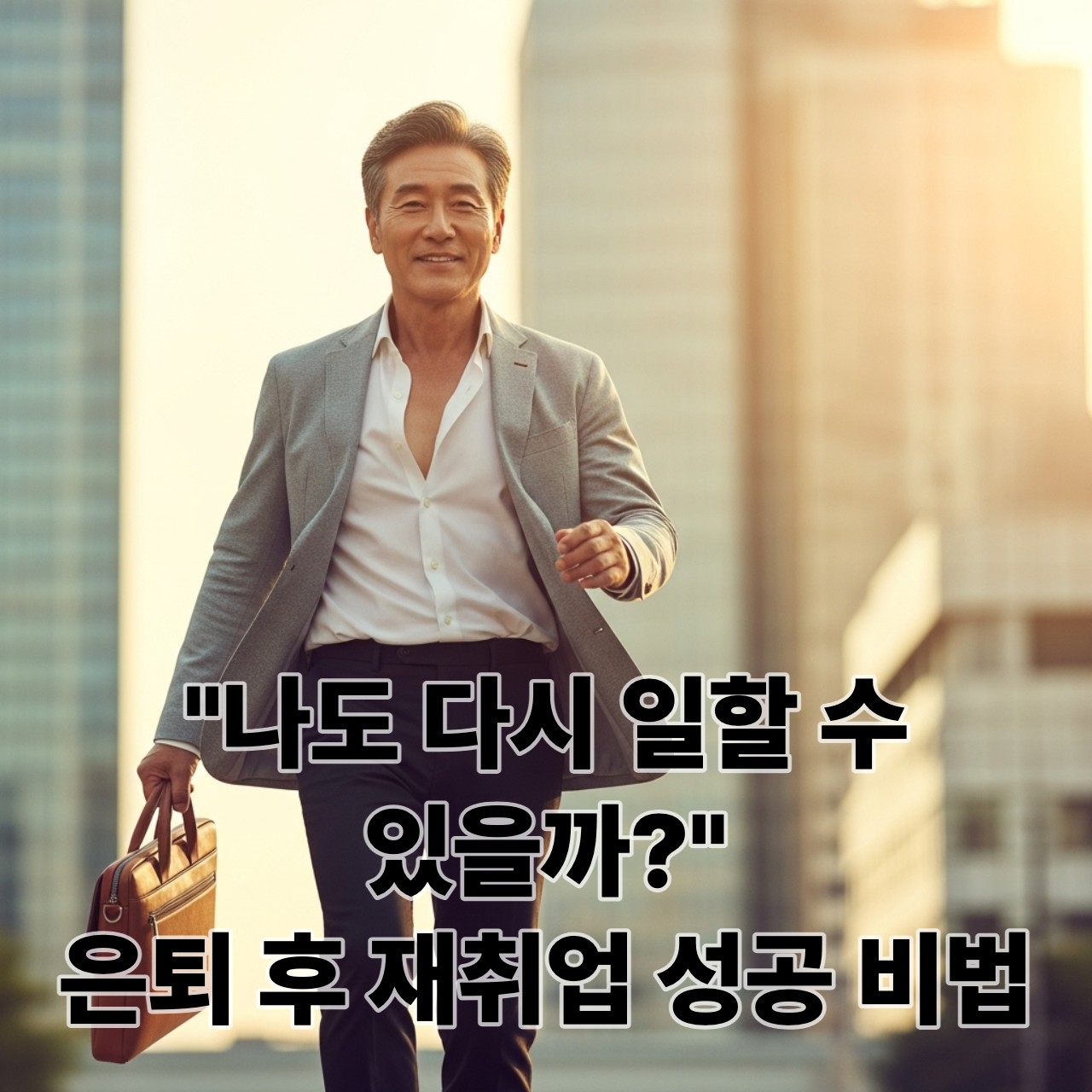 밝은 표정의 중년 한국인 남성이 서류 가방을 들고 활기찬 도시를 배경으로 걸어가는 모습, 은퇴 후 재취업 성공과 새로운 시작을 상징합니다.