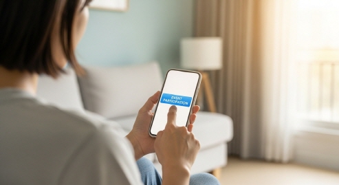 가정집 배경&amp;#44; 스마트폰으로 이벤트 참여 버튼 누르는 모습