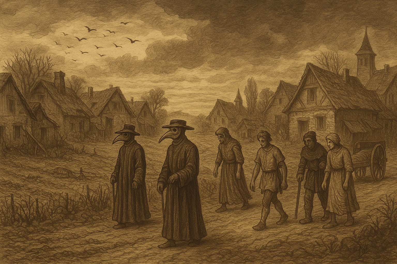 유럽 흑사병 시기 농촌 풍경 일러스트