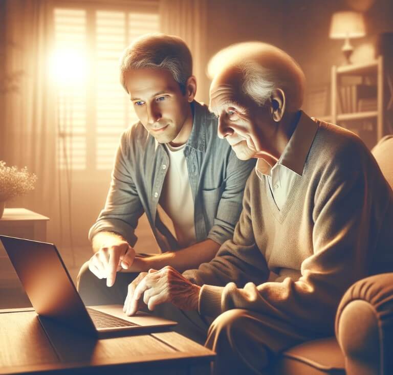 소셜 미디어 사용법을 배우는 노인