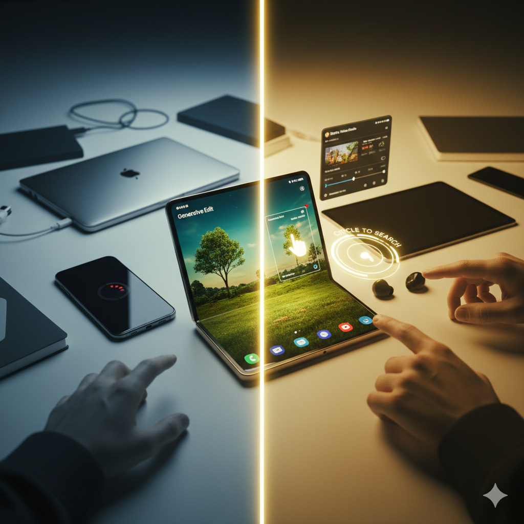 아이폰에서 갤럭시 폴더블로 망명한 사용자의 데스크테리어 비교 이미지. 왼쪽은 차가운 톤의 아이폰과 맥북이 놓인 정적인 환경, 오른쪽은 따뜻한 조명 아래 갤럭시 폴드의 '생성형 편집'과 '서클 투 서치' 기능이 활성화된 역동적인 작업 환경을 대조적으로 보여줌.