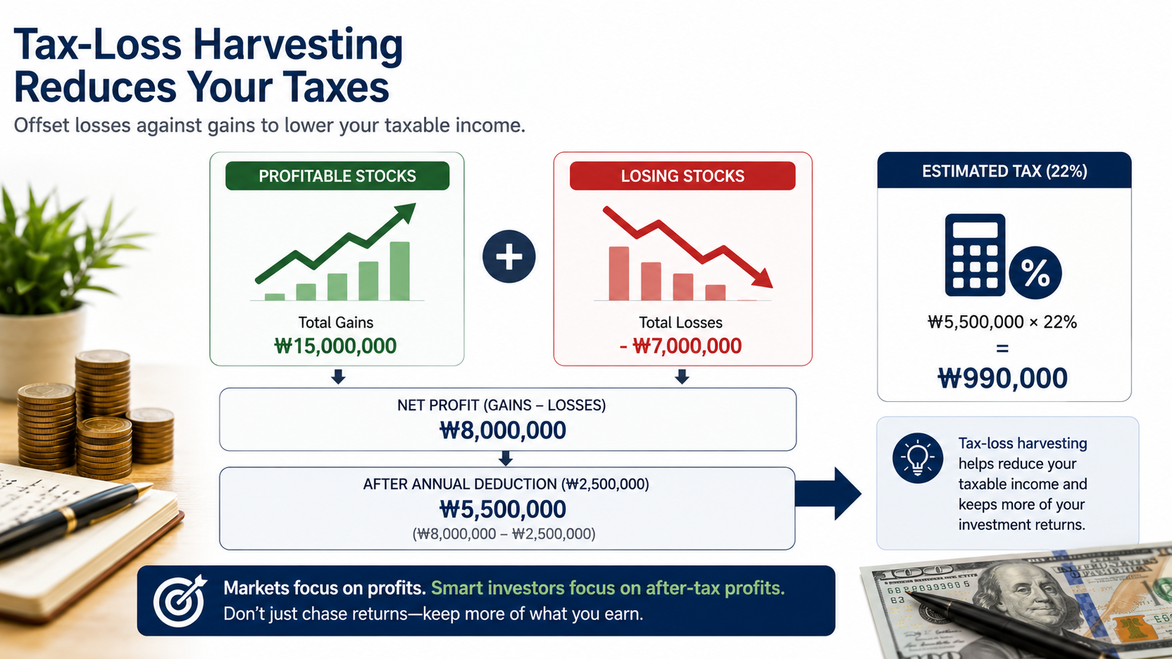 Tax-loss harvesting strategy that offsets investment gains with losses to reduce taxable income and taxes.