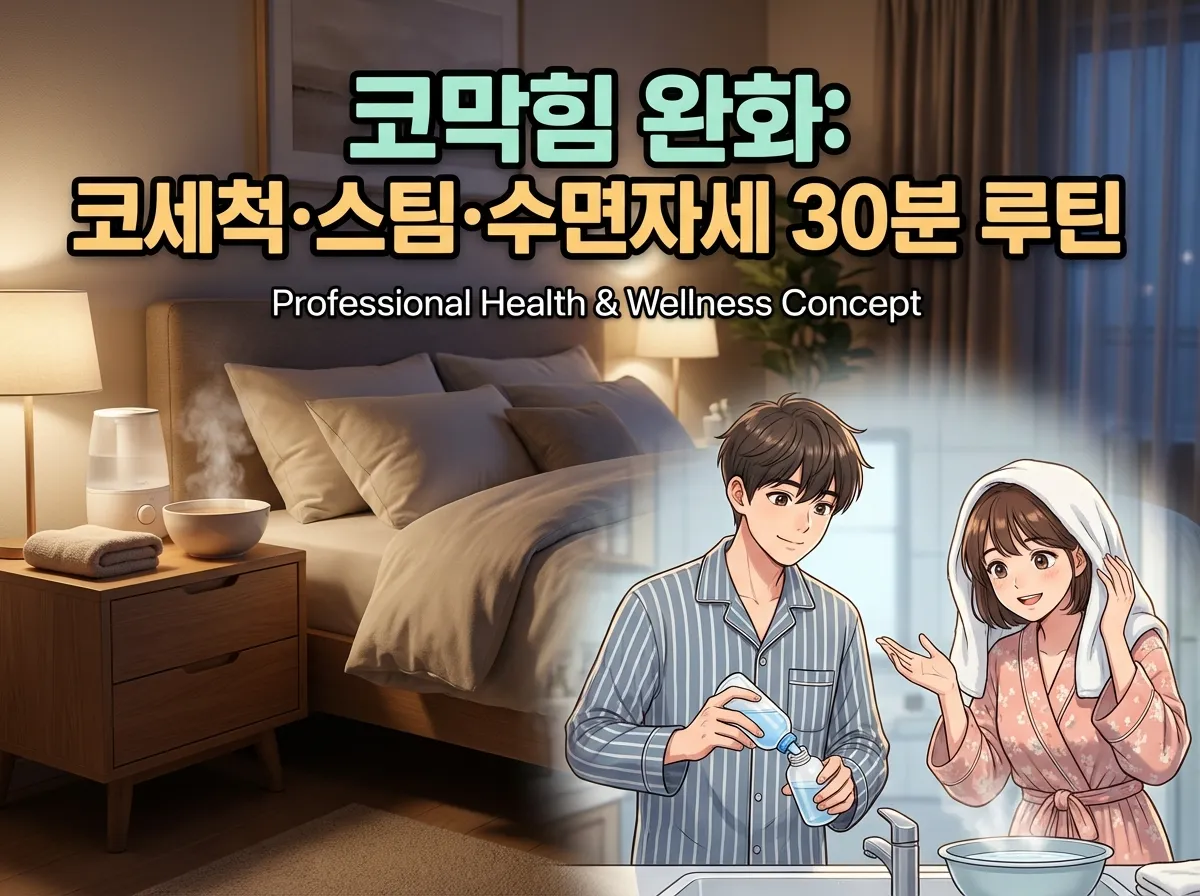 코막힘 완화를 위한 코세척 스팀 수면자세 조정 30분 루틴과 야간 코막힘 대응법을 설명하는 한국인 건강 전문가 캐릭터와 침실 배경