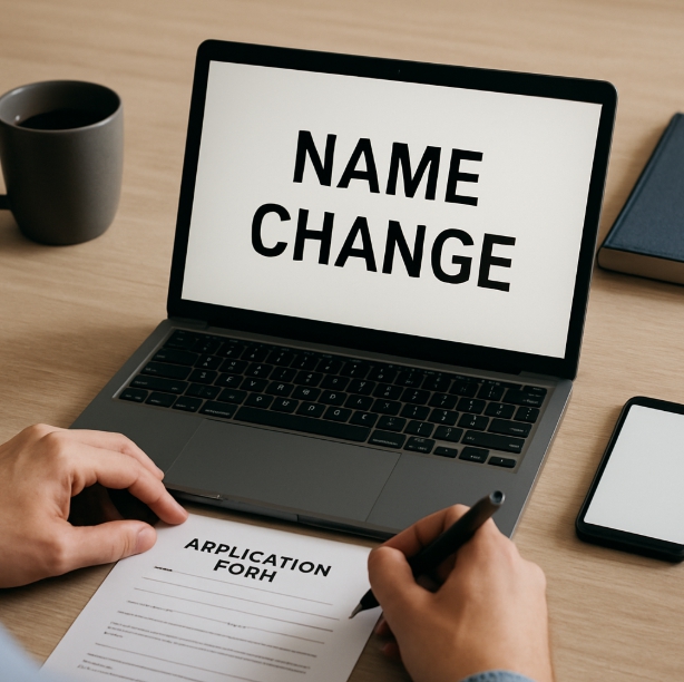 이름 변경을 신청하는 사람의 모습을 상징적으로 담은 이미지, 인터넷으로 개명 신청하는 과정을 표현