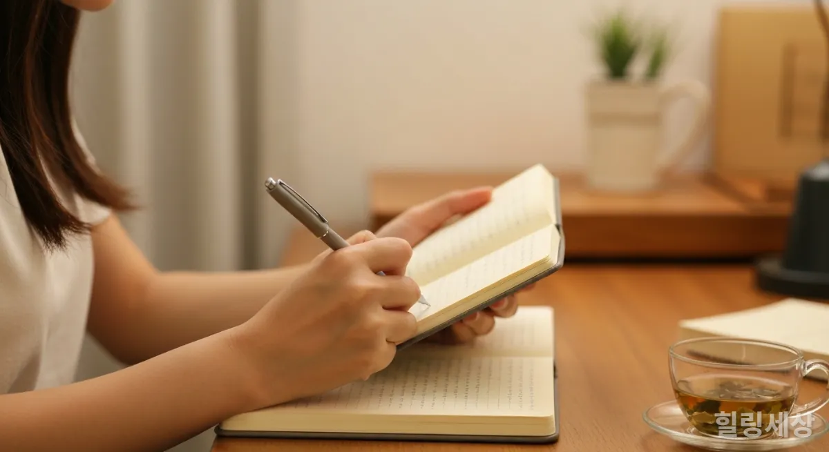 손으로 일기를 쓰고 있는 여성의 모습