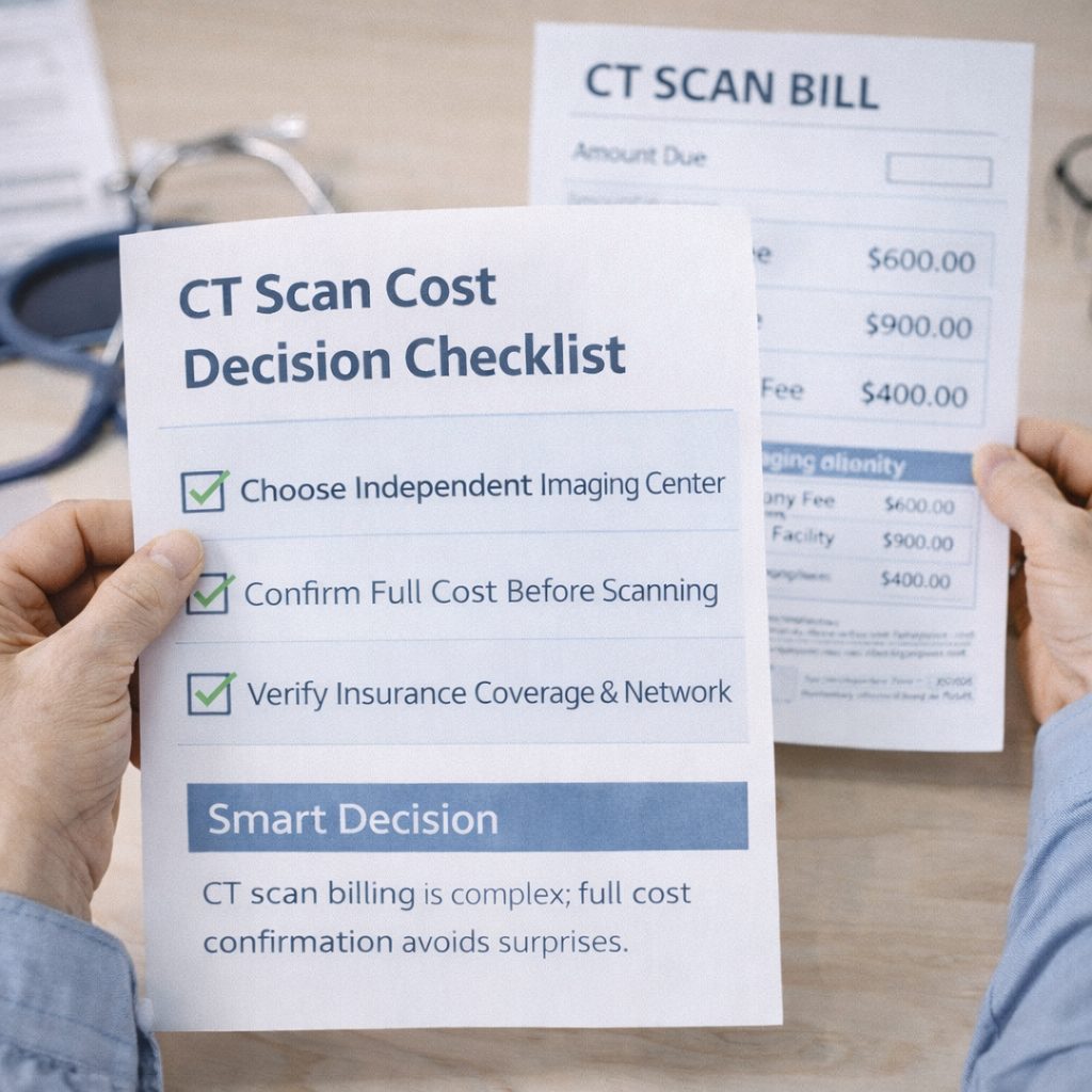 CT scan cost in the US decision checklist showing full cost confirmation and insurance verification
