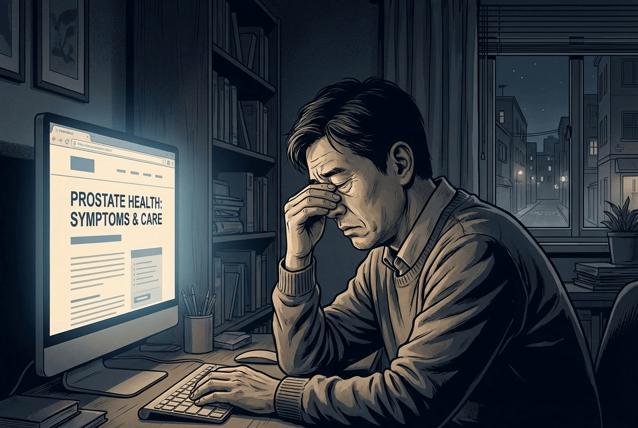 밤늦게까지 컴퓨터 앞에 앉아 있는 40대 한국 남성이 피곤한 표정으로 전립선 건강을 걱정하는 장면
