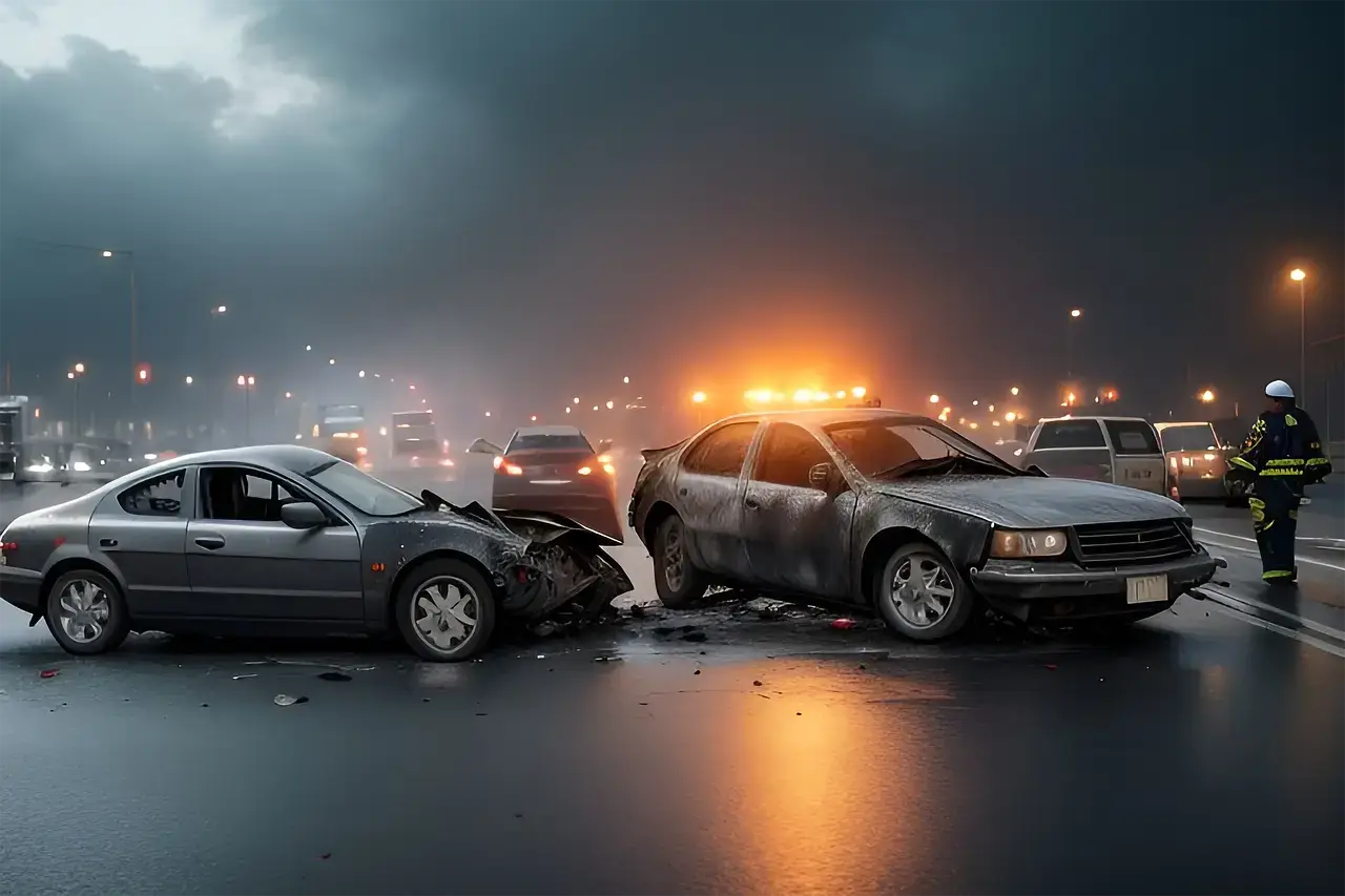 난폭- 많은 차들이 달려오는 도로 가운데 회색차와 흰색차가 서로 부딪쳐 파손된 모습