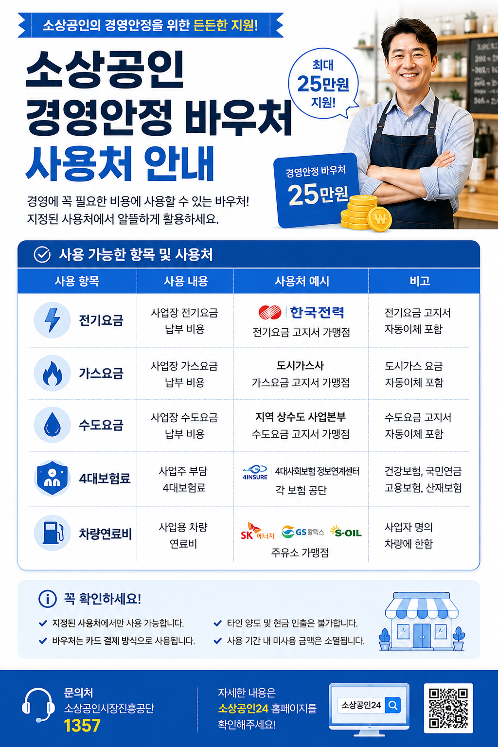 소상공인 경영안정 바우처 사용처를 안내하는 세로형 인포그래픽으로 전기요금, 가스요금, 수도요금, 4대보험료, 차량연료비 항목을 표 형식으로 정리한 파란색 계열 카드뉴스 이미지