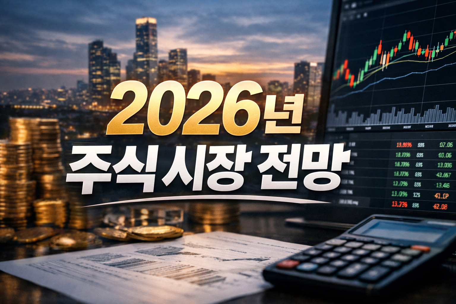 Image of a financial chart with a city skyline background, symbolizing the 2026 stock market forecast based on interest rates and corporate earnings