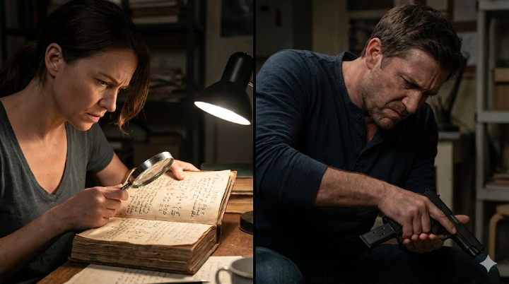 어두운 밀실에서 어린 시절의 책을 펼쳐놓고 복잡한 암호 해독에 매달리는 이사벨과, 그 옆에서 굳은 표정으로 권총을 장전하는 피터의 모습이 교차하는 긴장감 넘치는 컷