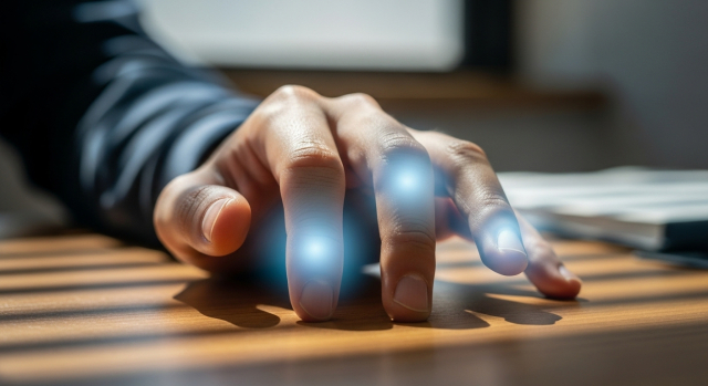 책상 위에 올려둔 손가락 주변이 저린 느낌을 표현한 손 클로즈업 이미지