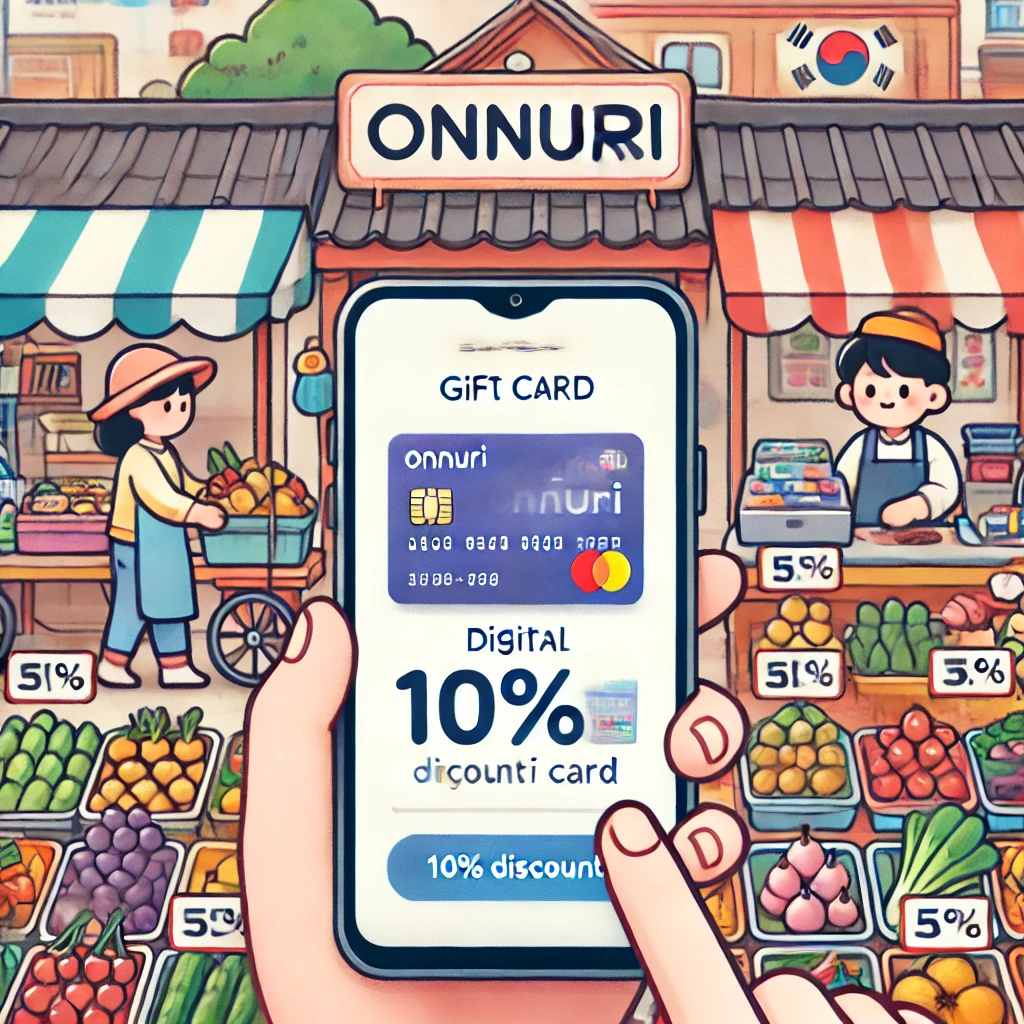 DALL·E 2024-11-06 21.14.00 - A friendly illustrated image showing how to use the Korean Onnuri gift card for market shopping. Image should show a smartphone with a digital Onnuri .webp