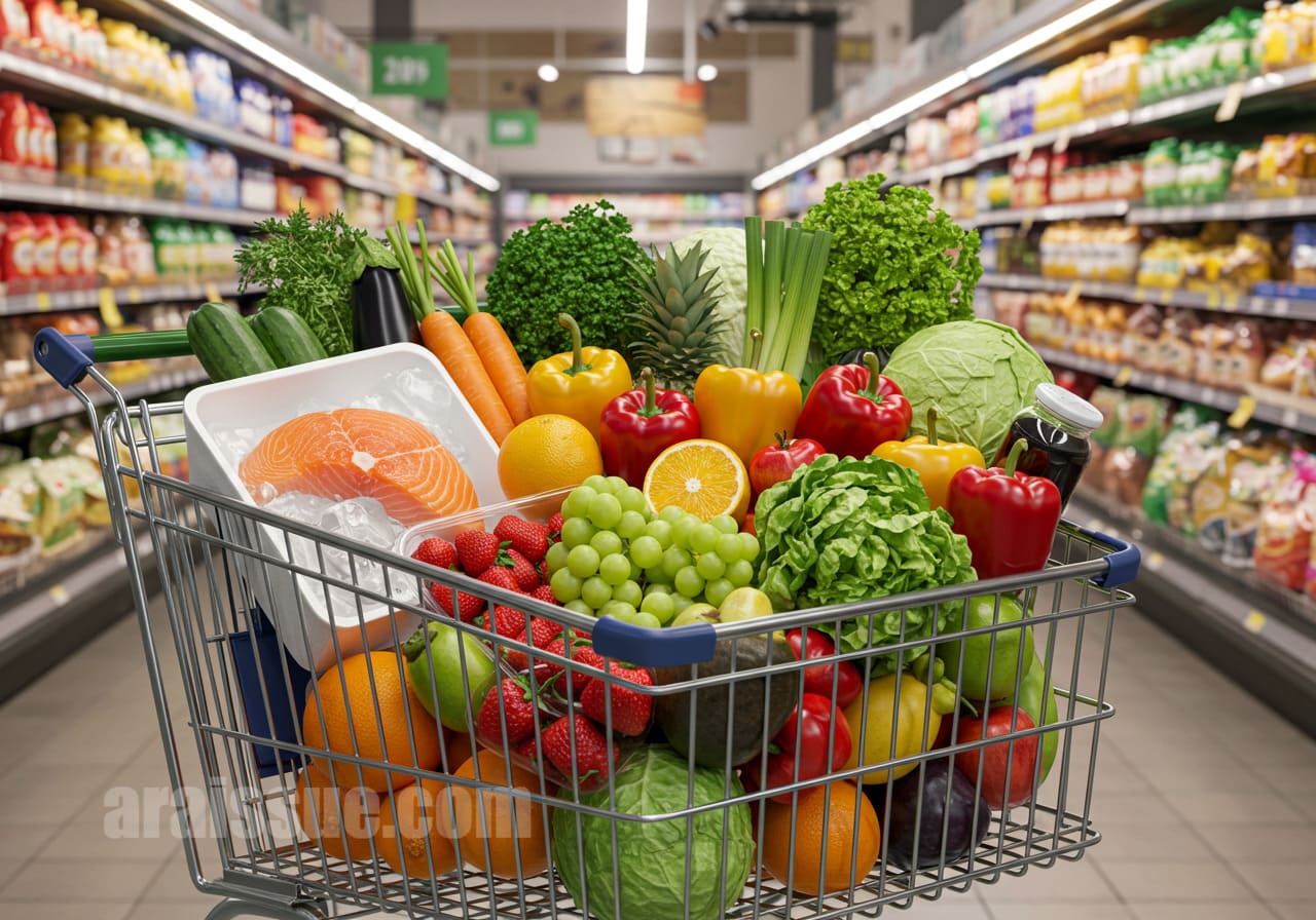 과일, 채소, 생선이 가득 담긴 건강한 쇼핑 카트가 슈퍼마켓에서 보이는 모습.