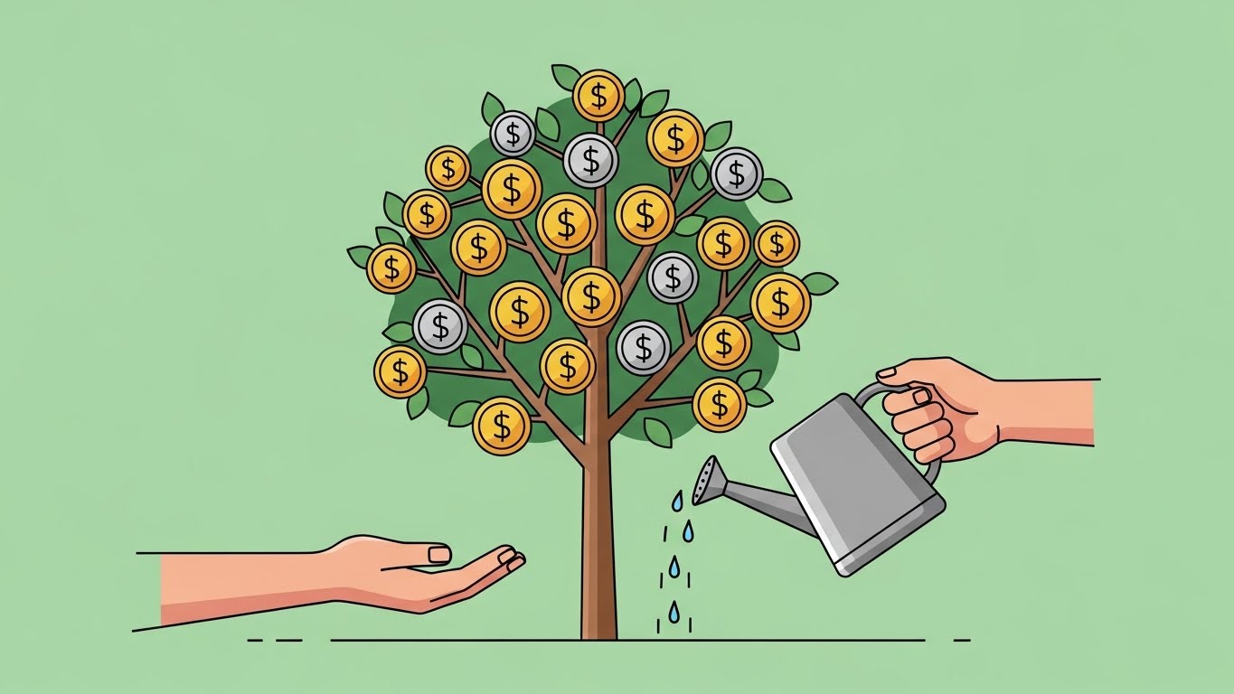 작은 실천과 정성이 모여 사업이 안정적으로 성장해 나가는 과정을 상징하는 매출 나무 그래픽