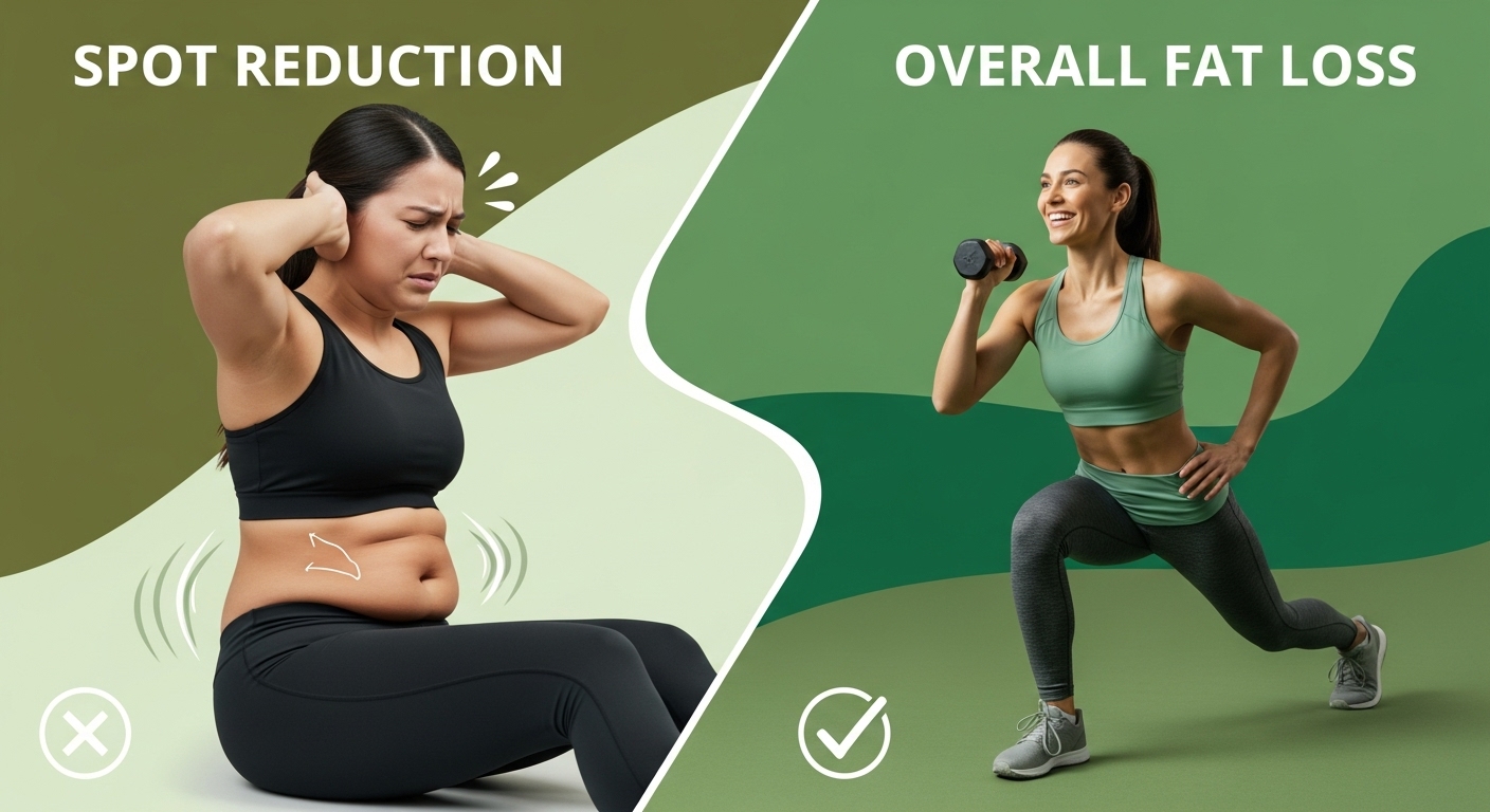 뱃살만 빼는 운동의 오해와 전신 운동을 통한 과학적인 체지방 감량의 진실을 나타내는 시각적 이미지