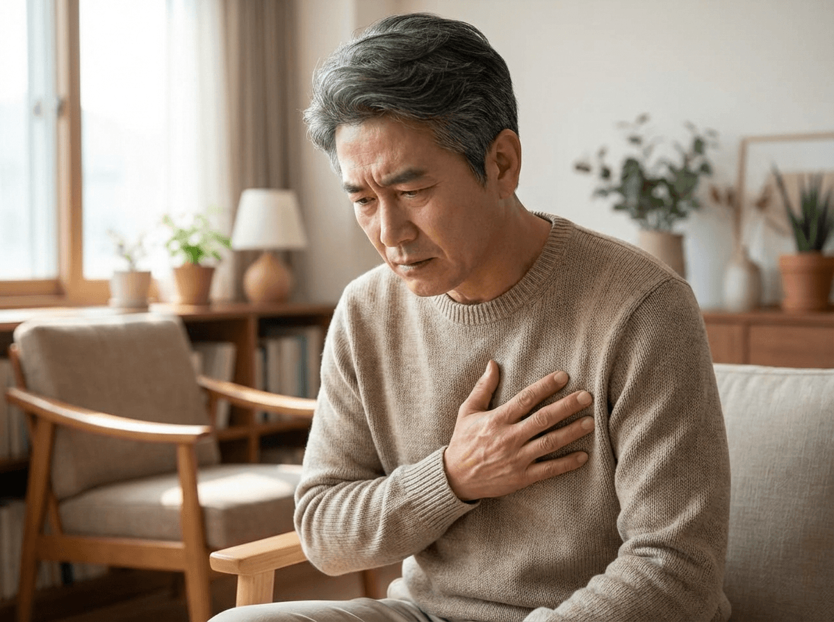 가슴 중앙을 누르며 통증을 호소하는 모습