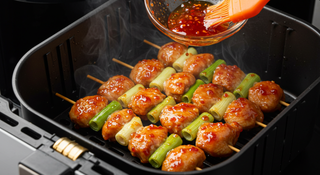 닭꼬치 굽기 및 양념을 바르고 있는 이미지