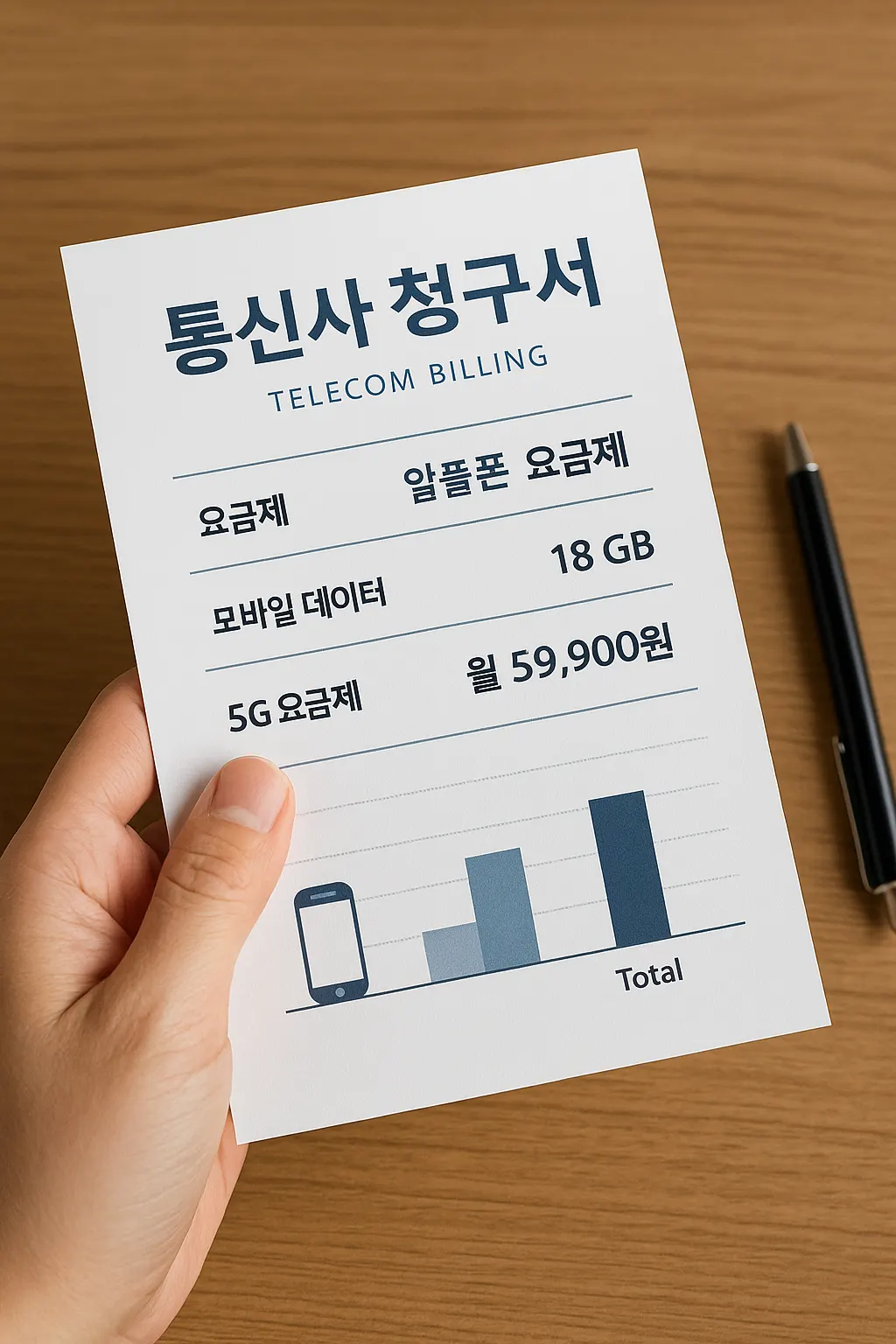 통신사 청구서를 손으로 들고 실제 요금&middot;데이터 사용량을 확인하는 장면