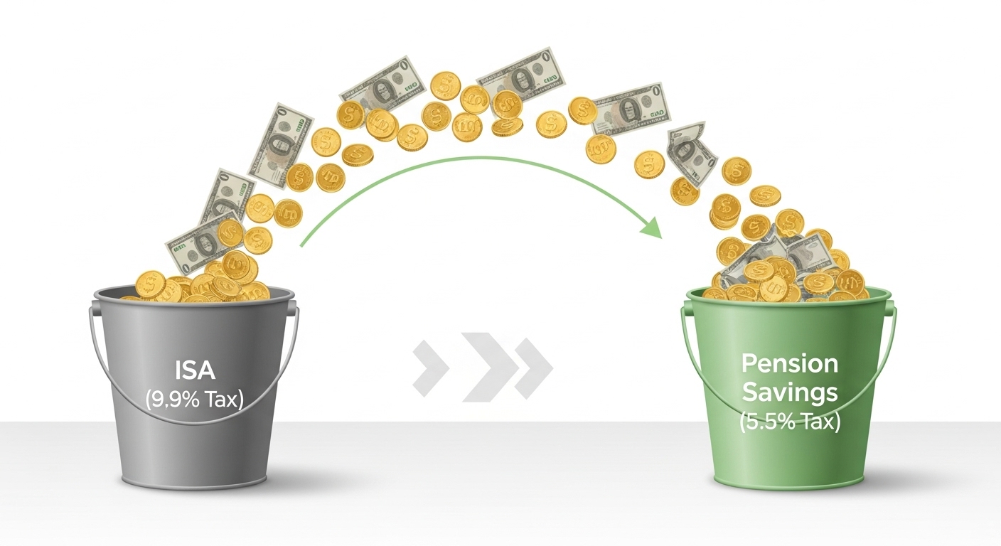 ISA 계좌(9.9%)에서 연금저축 계좌(5.5%)로 돈다발이 이동하며 '세금 DOWN', '자산 UP' 되는 인포그래픽